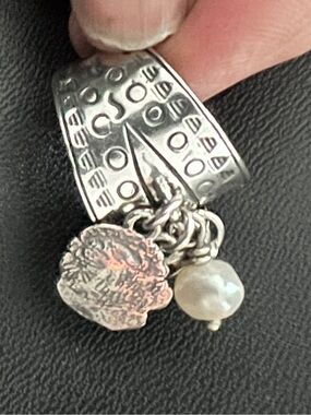 Silpada Silver Textured Band Ring with Coin Charm and Pearl